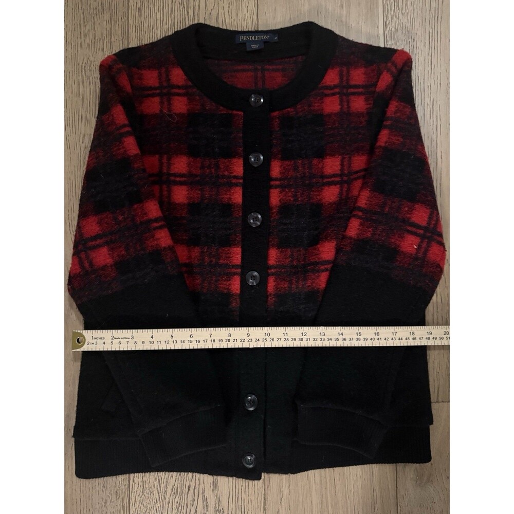 Pendleton Women’s Wool Jacket Cardigan Sweater Red/Black Plaid Side Pockets Med